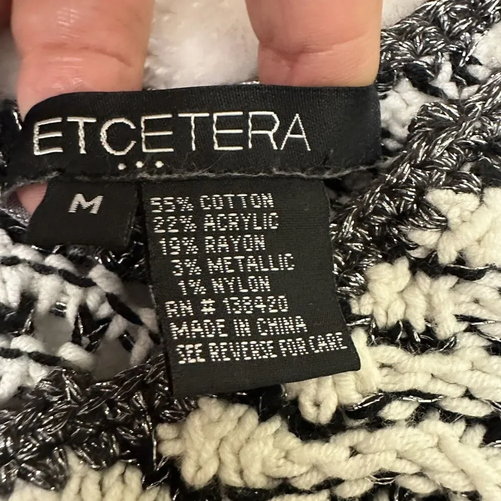 Etcetera Women's Black White Chevron Knit Cotton Blend Long Sleeve Sweater Sz M